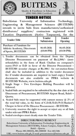Purchase of Furniture for Athletic Academy, Directorate of Sports, BUTEMS - Balochistan University Information Technology, Engineering & Management Sciences (BUTEMS)
